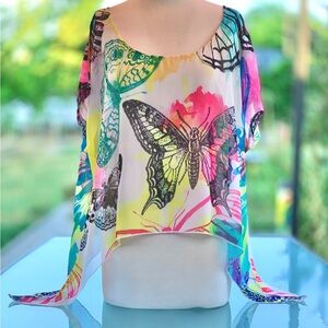 Miss Nikky Butterfly Dolman Short Sleeve Cropped Sheer Tunic ~ Women’s XL